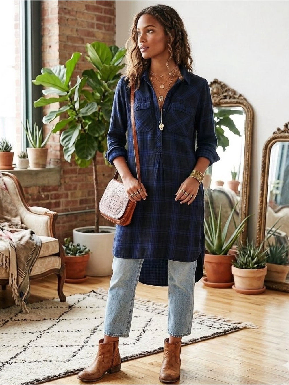 EUC Madewell Daywalk Navy and Black Plaid Shirt Dress